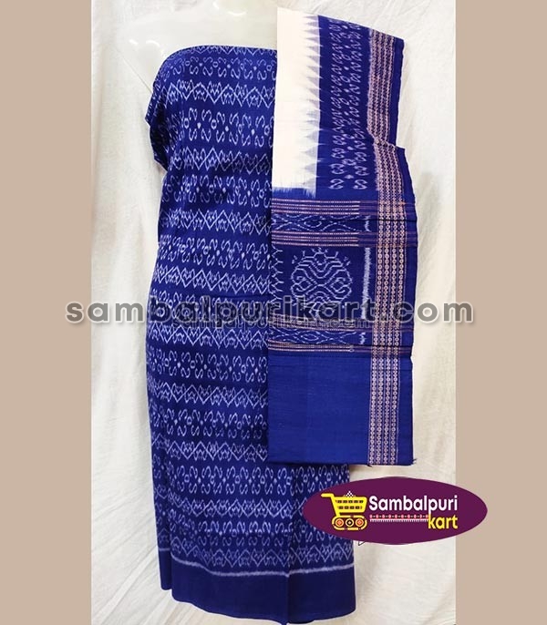 Blue Off-White Sambalpuri Motif Unstitched Dress Material - SambalpuriKart